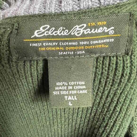 Eddie Bauer Premium Cotton Tall L Henley Sweater Forest Green Ribbed Outdoor USA - Picture 5 of 5